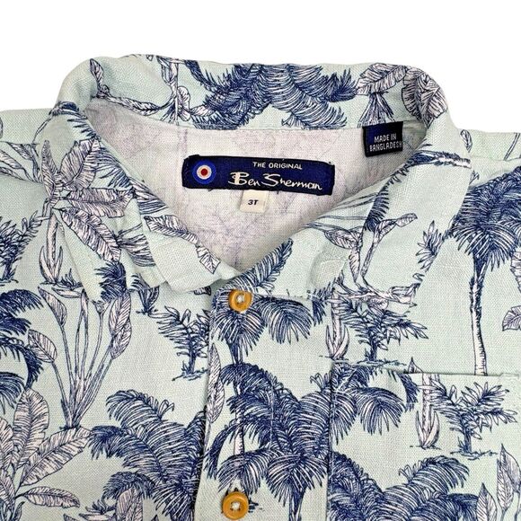 Ben Sherman Linen Blend Hawaiian Shirt Vacation Summer Tropical Light Blue 3T - Picture 2 of 6
